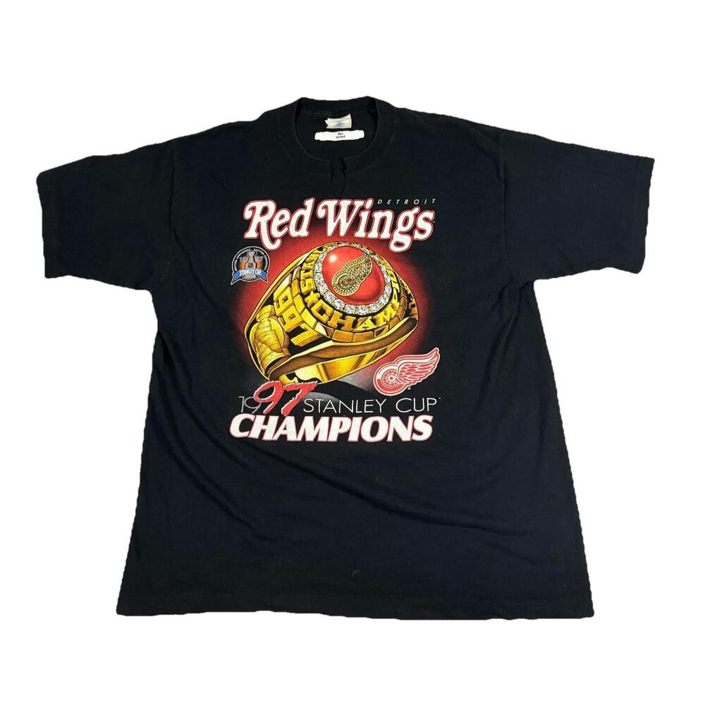Vintage Detroit Red Wings Pro Player Stanley Cup T Shirt Black Mens XL‎